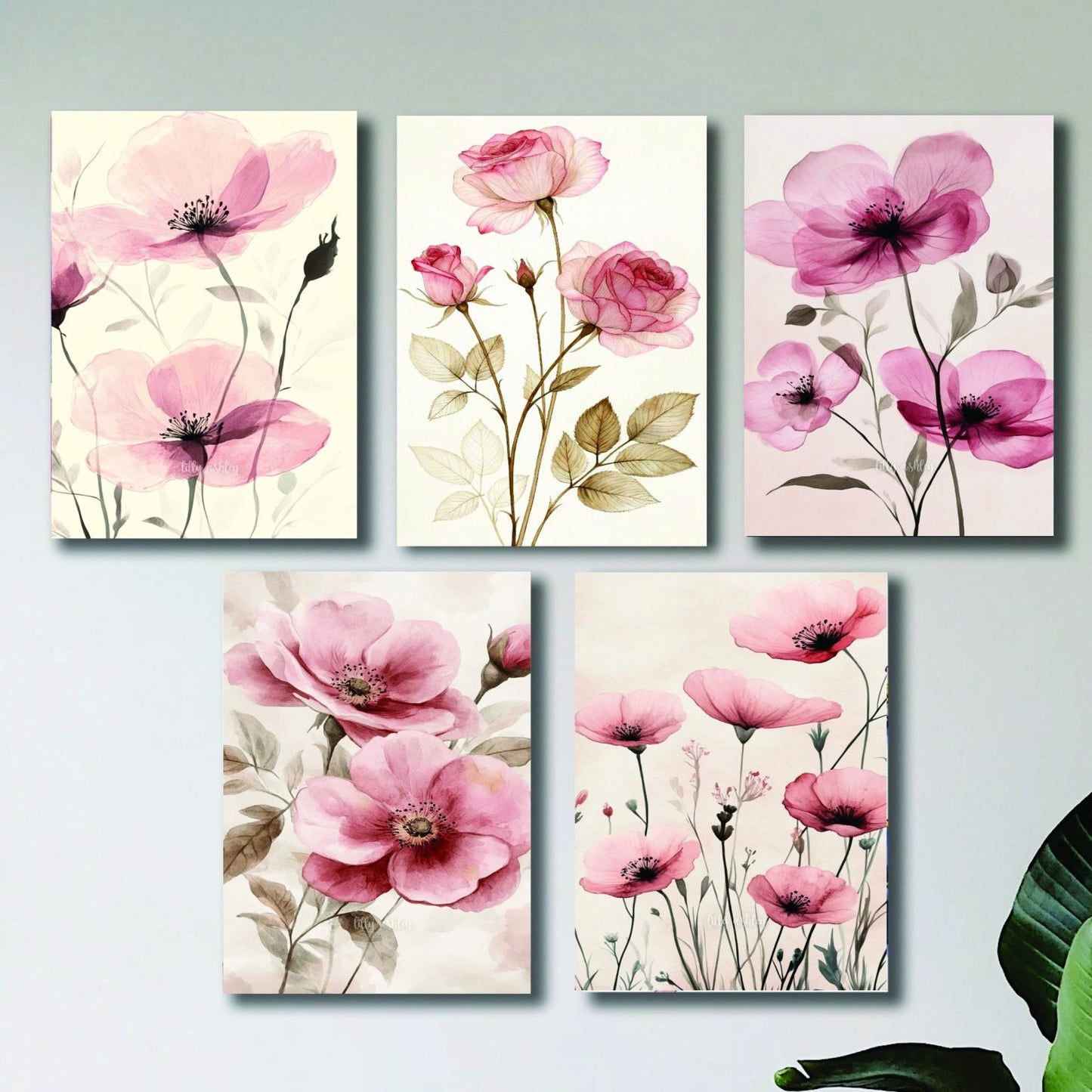 Set Of 5 Pink Flowers Floral Wall Art Wooden Sticky Frames For Girls Room Decoration