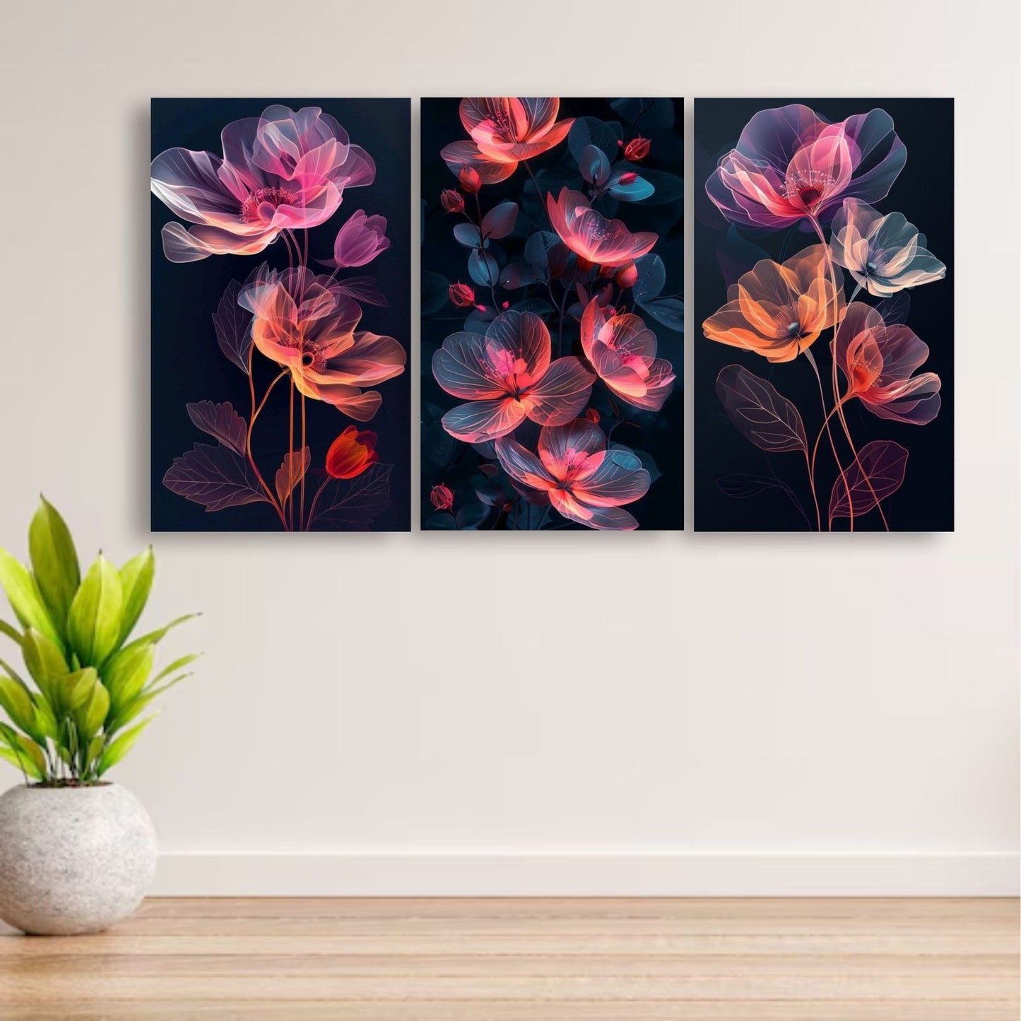 Set Of 3 Flowers Art Wooden Frames For Wall Decoration / Sticky Photo Tiles